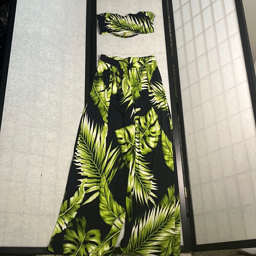 black and green soft tube top and flare pants set